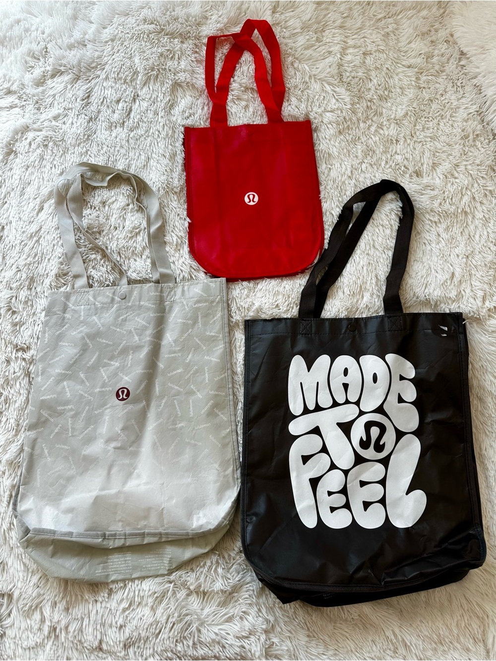 LULULEMON Reusable Tote Bags Lot of 3 Red Silver Black Made to Feel Shopping